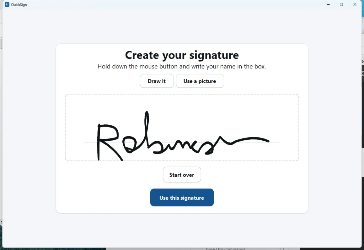 The signature pad in QuickSign with a signature drawn by mouse.