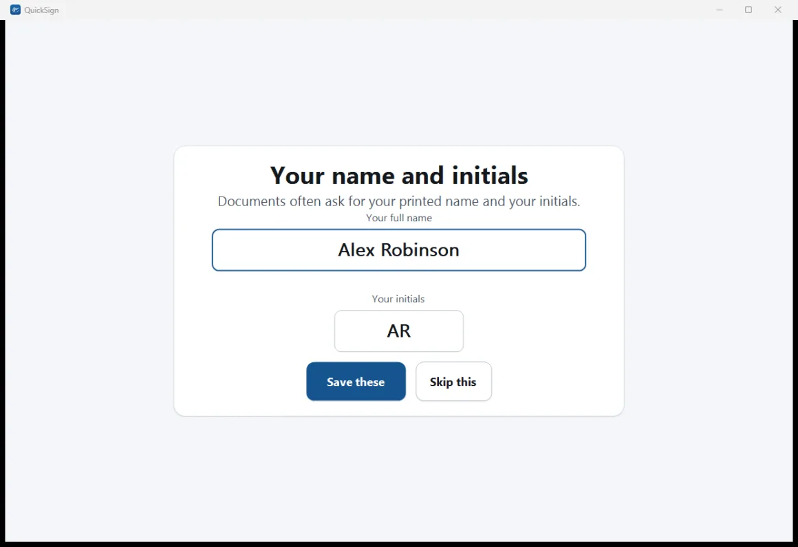 The name and initials screen in QuickSign, filled in with a name and initials.