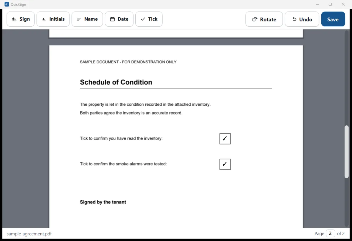 Ticks placed inside two checkboxes on the second page of a document in QuickSign.