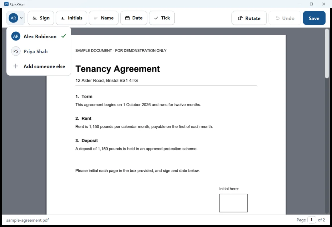 The signer menu open in QuickSign, showing two people and an option to add someone else.