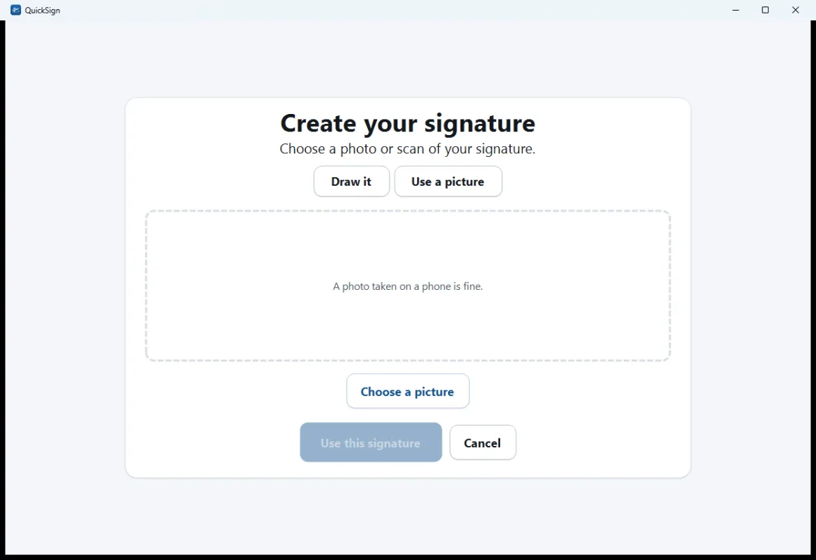 The photo-import pane in QuickSign for using a picture of a real signature.