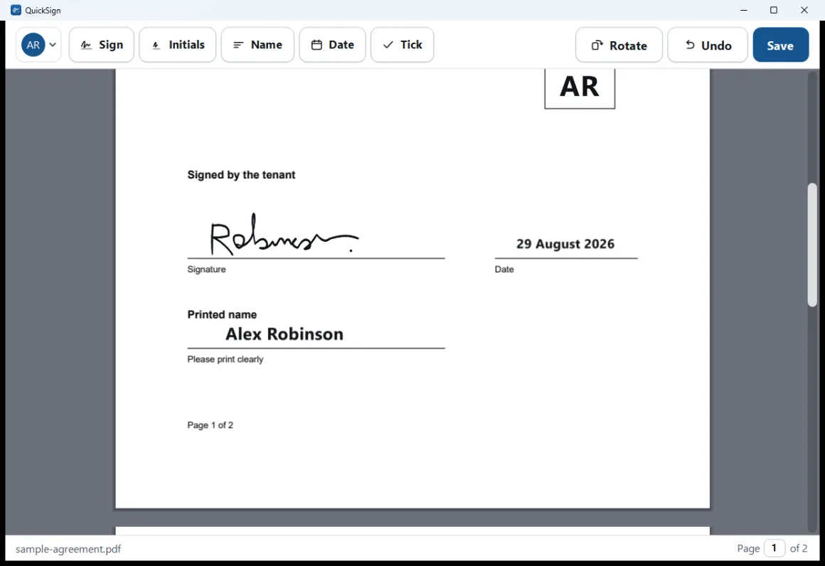 A full page of a document signed in QuickSign, showing the signer chip.
