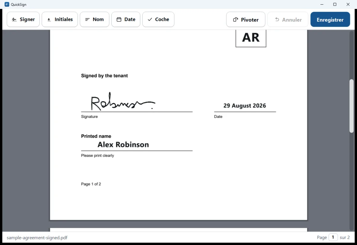 Un contrat de location ouvert dans QuickSign avec une signature manuscrite, la date et un nom imprimé placés sur la page.