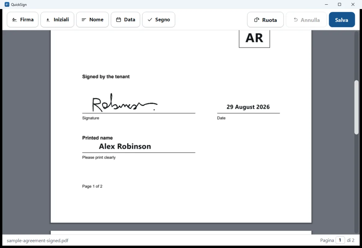 Un contratto di affitto aperto in QuickSign con una firma autografa, la data e un nome stampato posizionati sulla pagina.