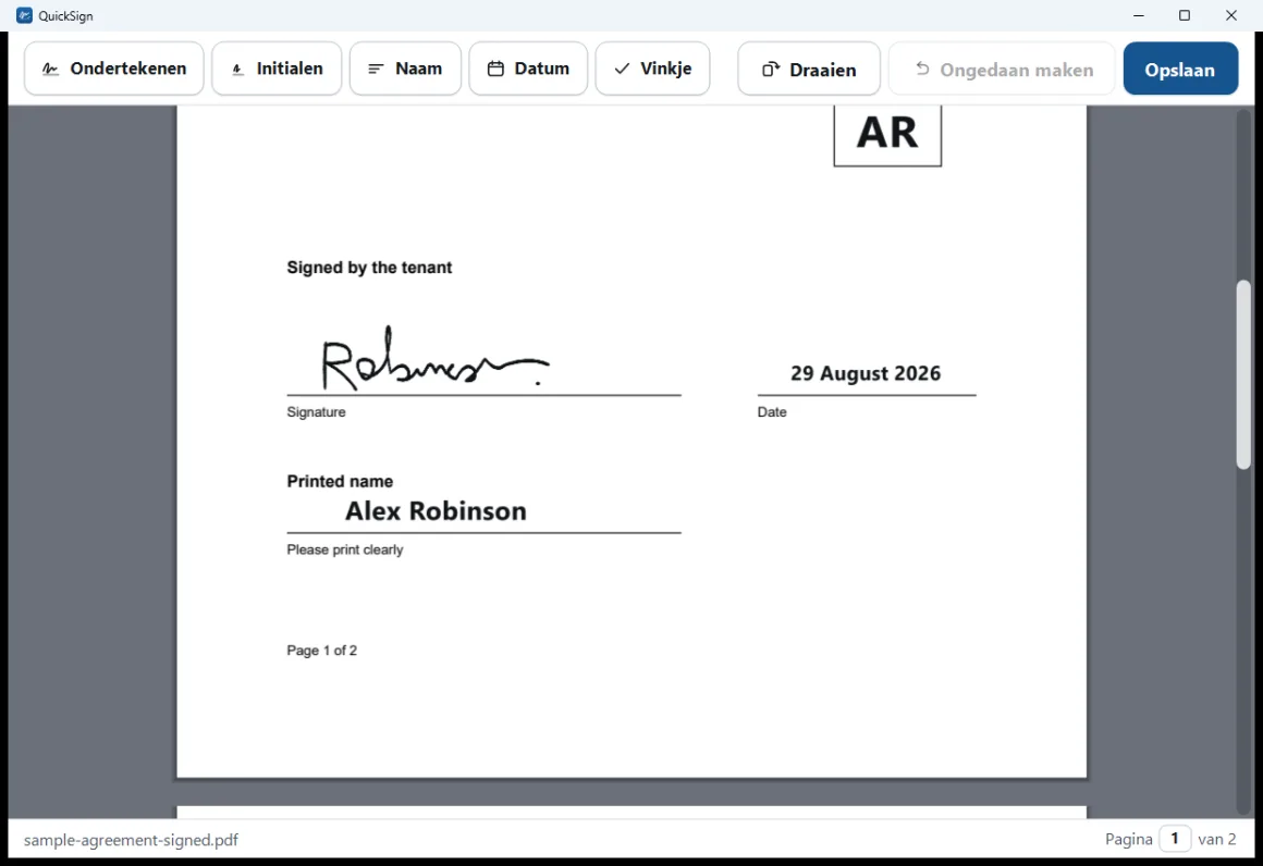 Een huurovereenkomst geopend in QuickSign met een handgeschreven handtekening, de datum en een gedrukte naam op de pagina.